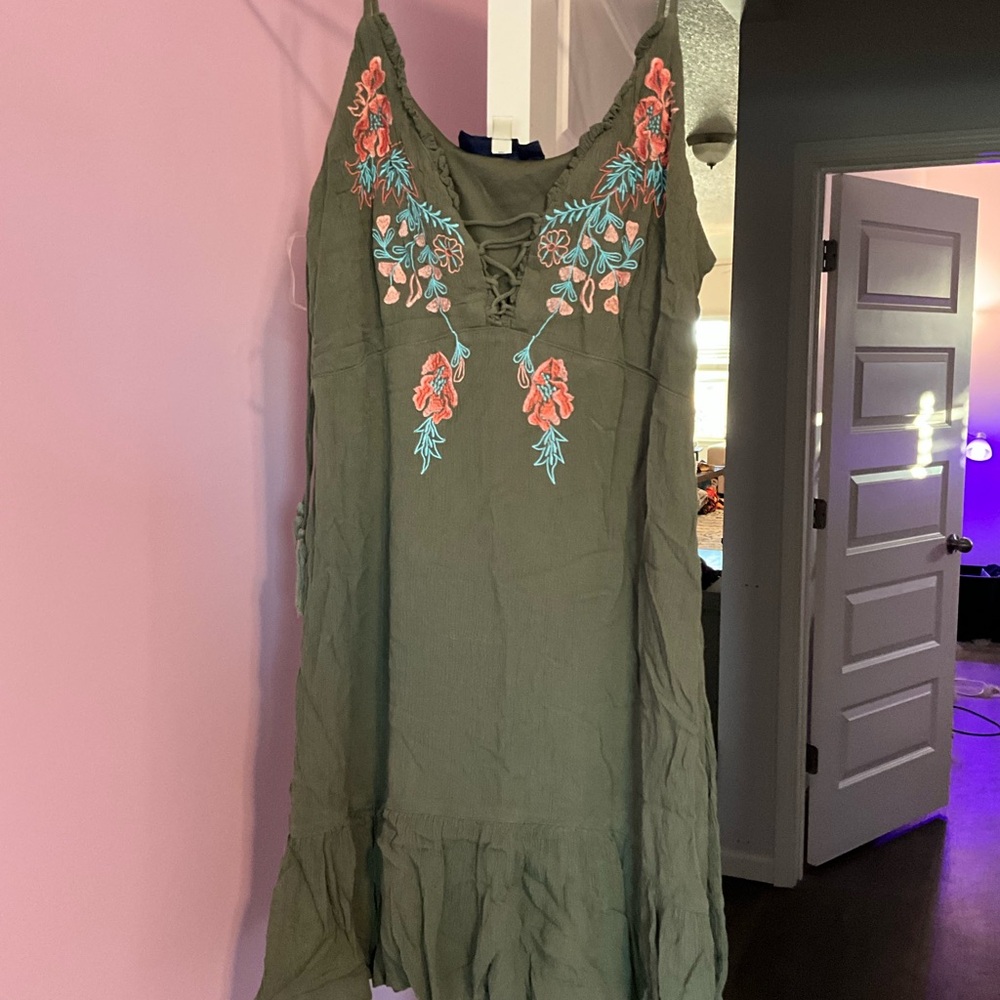 Blue Rain Olive Green Embroidered Dress